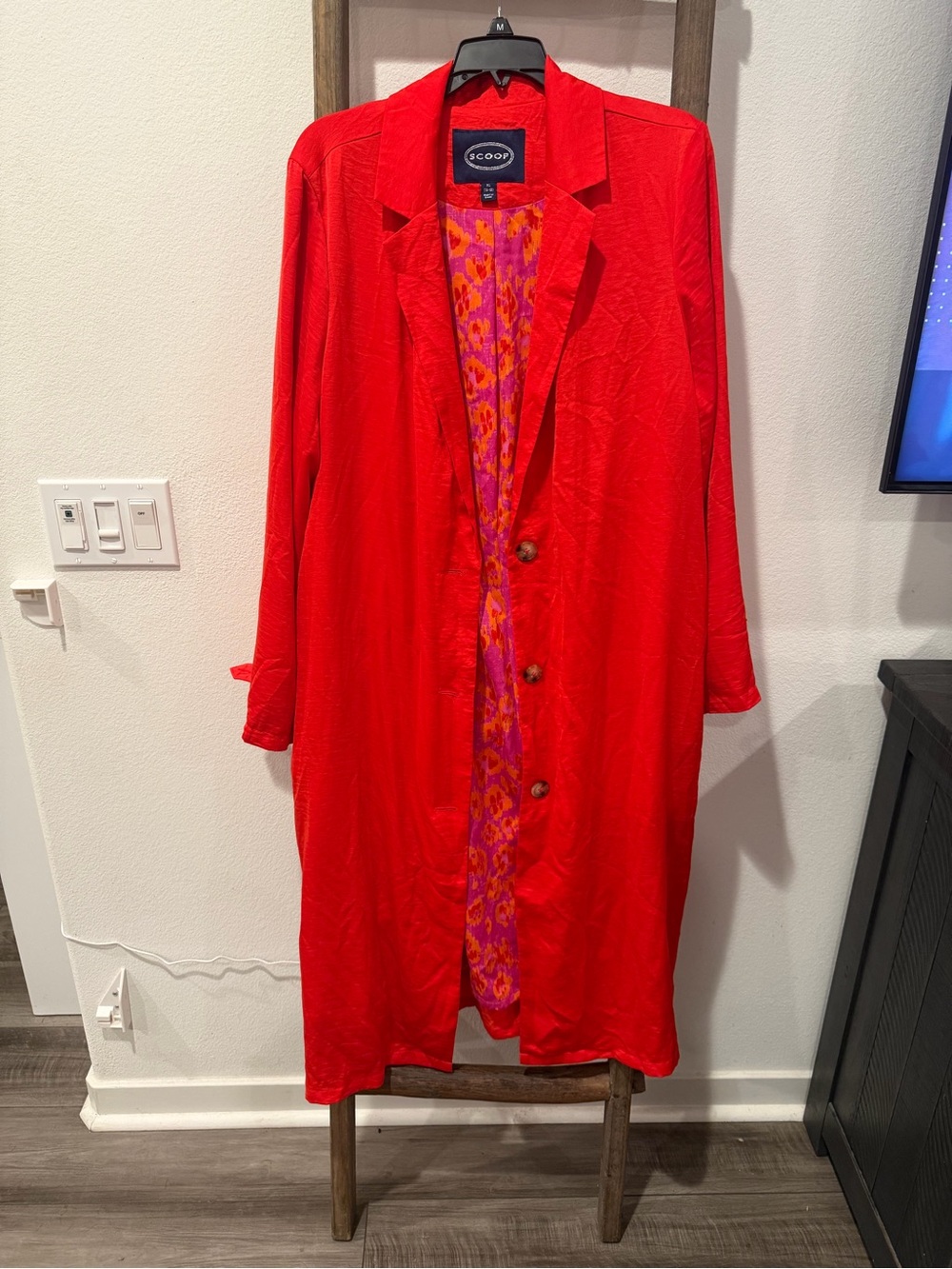 Scoop NYC Bright Red Coat with Pink and Orange Printed Lining